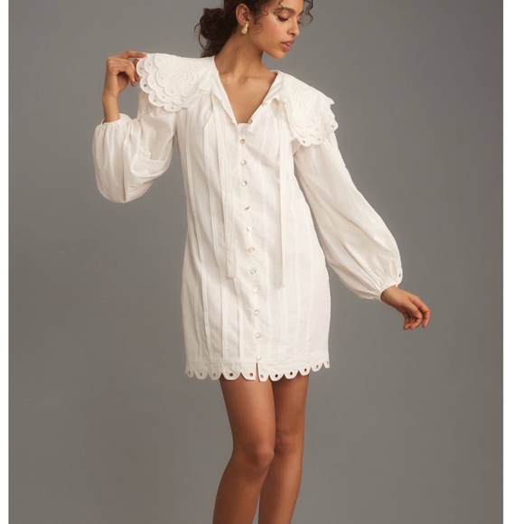 FARM RIO ANTHRO NWT White Embroidered Peter Pan Collared Long Sleeve Mini Dress - Picture 17 of 17